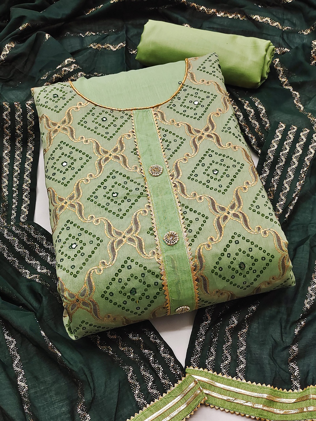 

MAHALASA Bandhani Printed Pure Cotton Unstitched Dress Material, Green