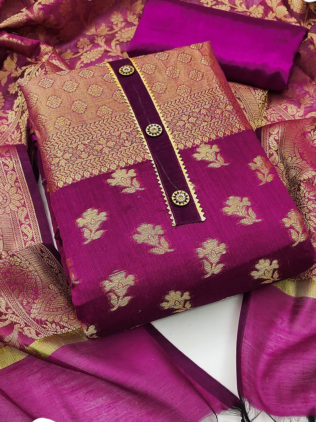 

MAHALASA Ethnic Motifs Embroidered Pure Cotton Unstitched Dress Material, Violet