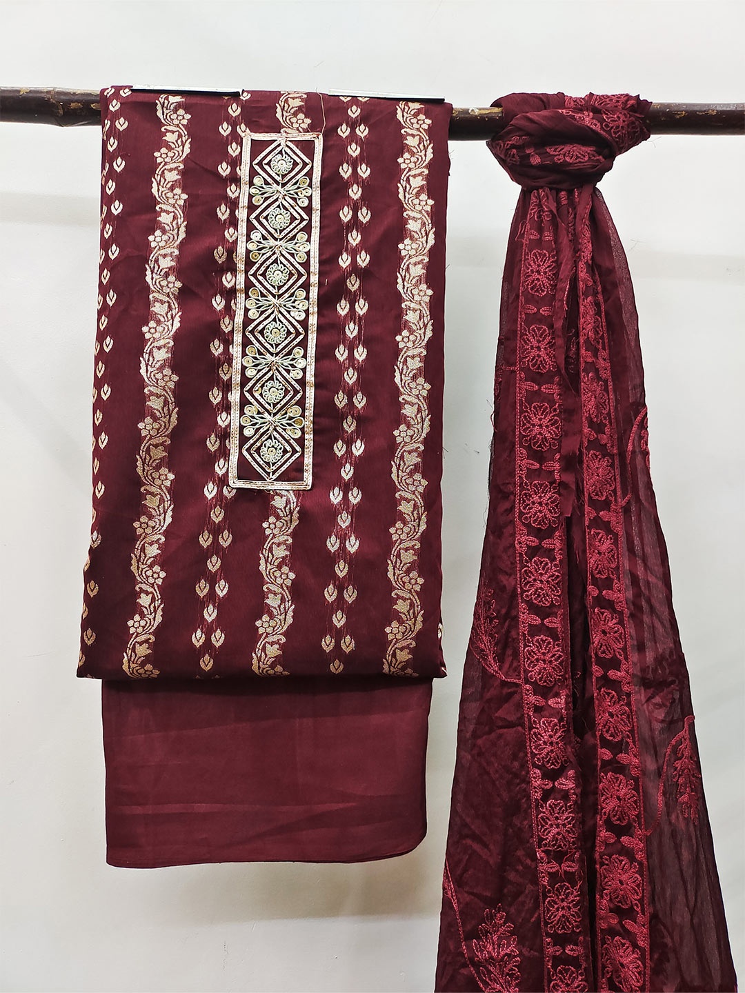 

MAHALASA Ethnic Motifs Woven Design Pure Cotton Unstitched Dress Material, Maroon
