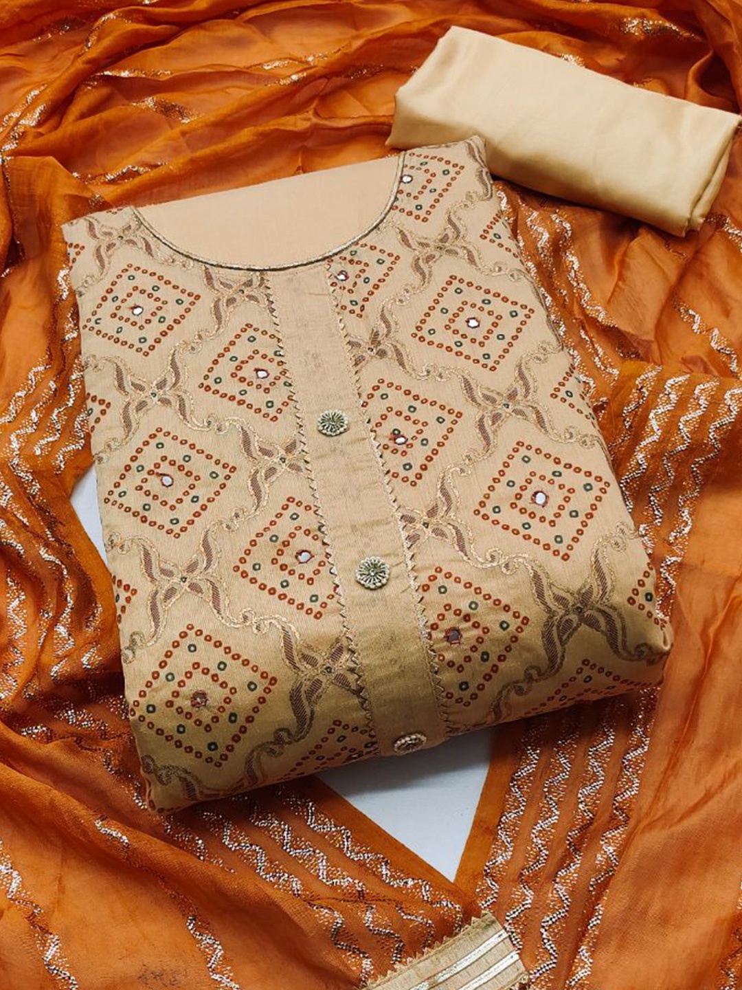 

MAHALASA Bandhani Printed Pure Cotton Unstitched Dress Material, Orange