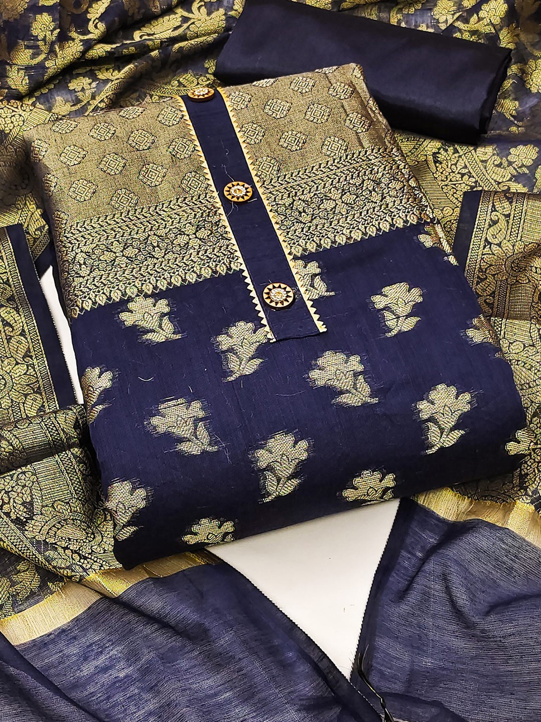 

MAHALASA Ethnic Motifs Woven Design Pure Cotton Unstitched Dress Material, Navy blue