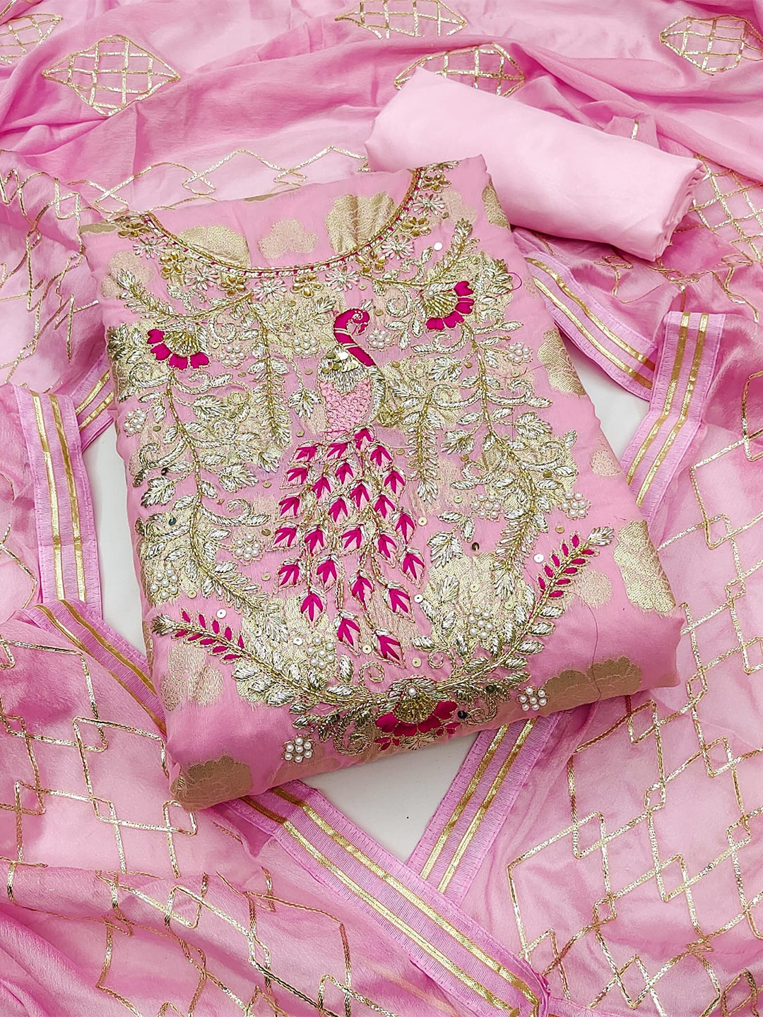

MAHALASA Ethnic Motifs Pure Cotton Unstitched Dress Material, Pink