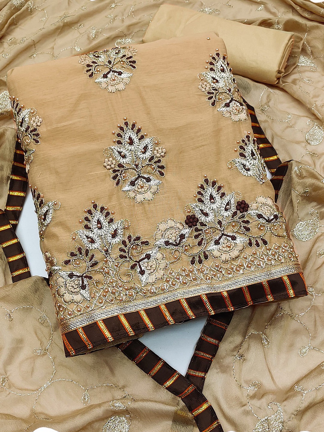 

MAHALASA Embroidered Pure Cotton Unstitched Dress Material, Beige
