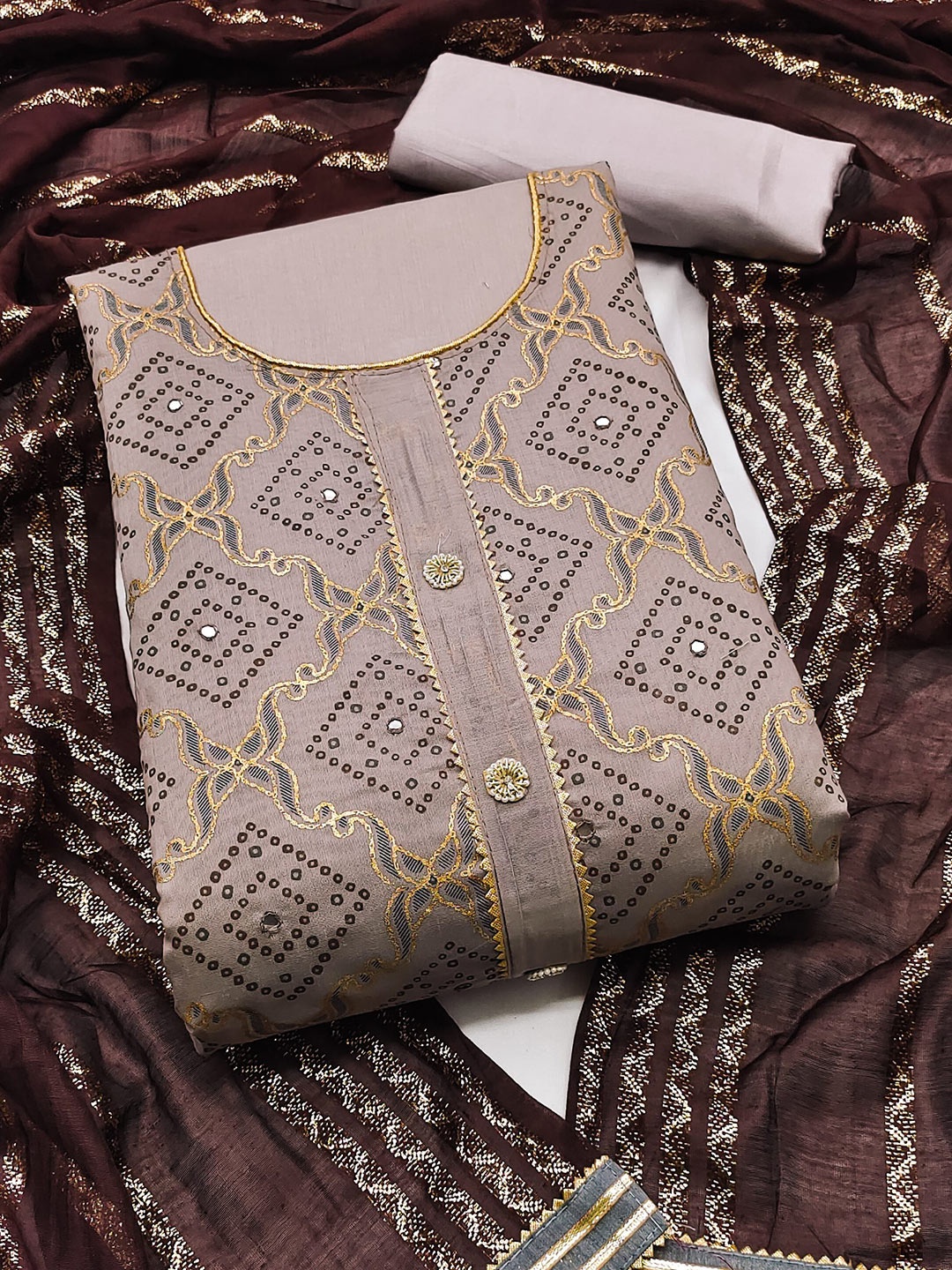 

MAHALASA Bandhani Printed Pure Cotton Unstitched Dress Material, Beige