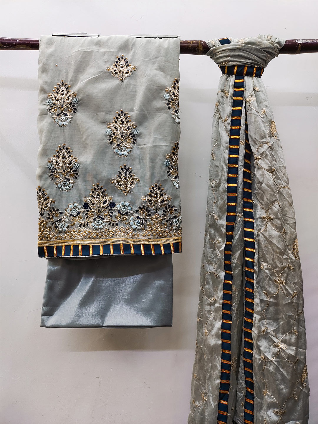 

MAHALASA Ethic Motif Embroidered Pure Cotton Unstitched Dress Material, Grey