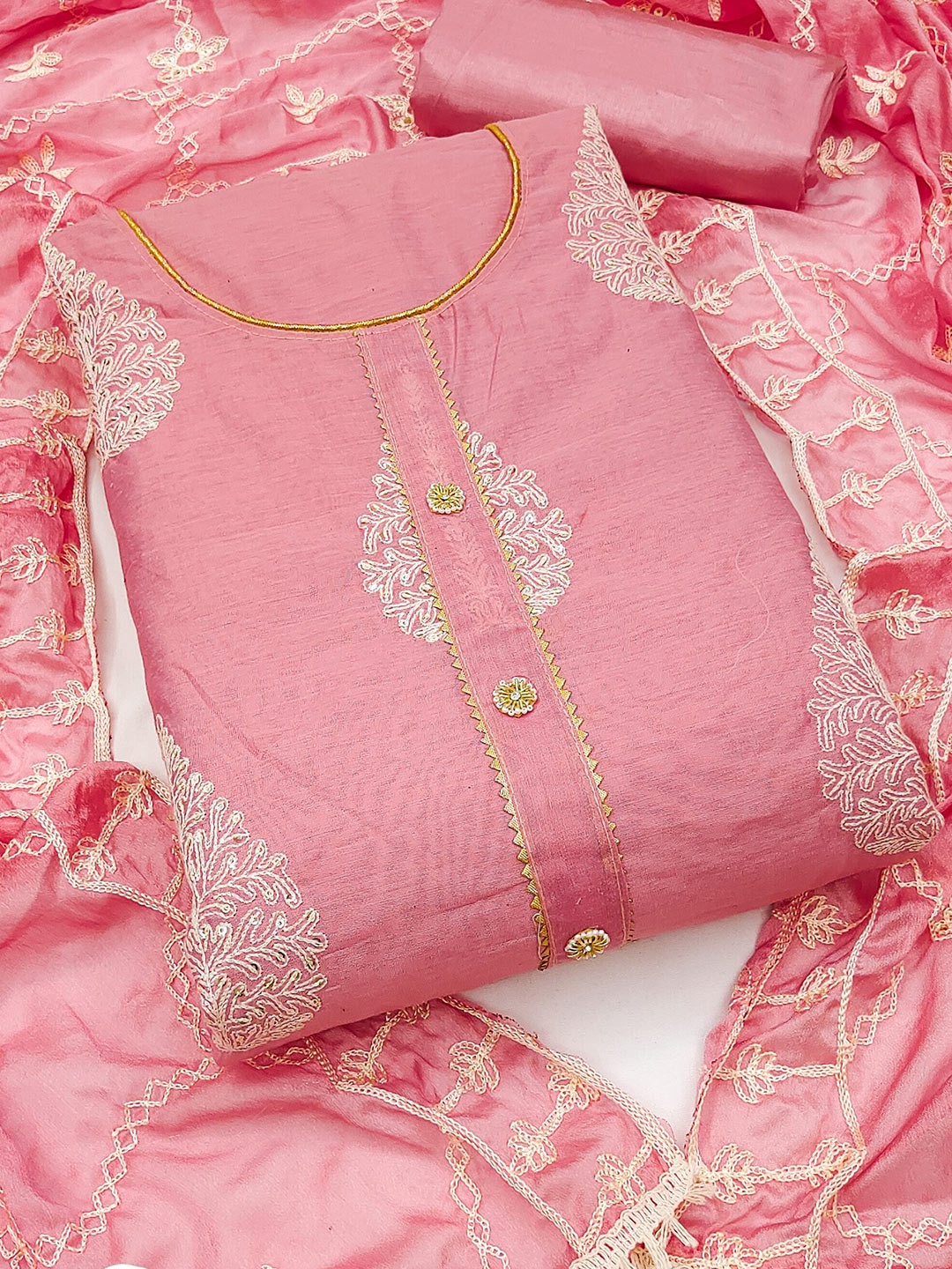 

MAHALASA Ethnic Motif Embroidered Pure Cotton Unstitched Dress Material, Pink