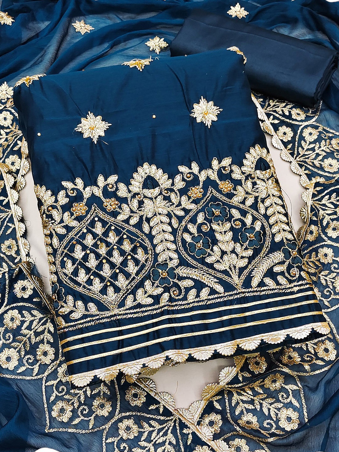 

MAHALASA Ethnic Motifs Embroidered Pure Cotton Unstitched Dress Material, Blue