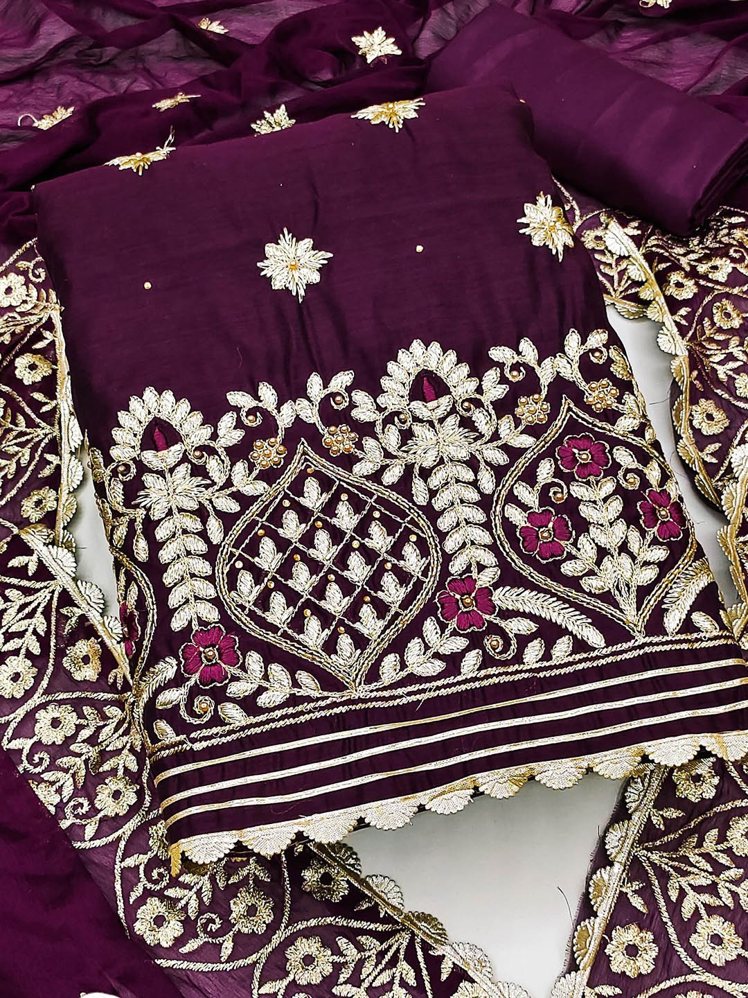 

MAHALASA Ethnic Motifs Embroidered Pure Cotton Unstitched Dress Material, Burgundy