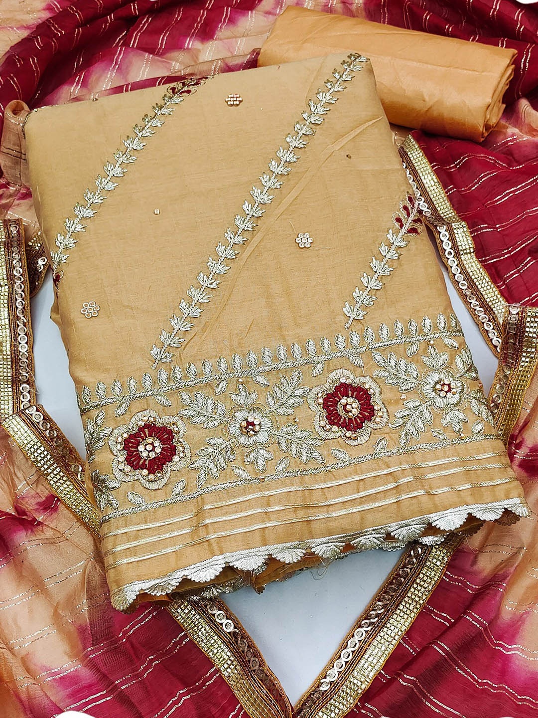 

MAHALASA Ethnic Motifs Embroidered Pure Cotton Unstitched Dress Material, Mustard