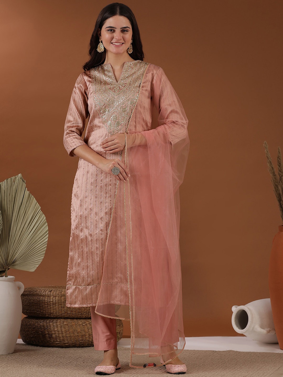 

Inddus Ethnic Motifs Woven Design Notched Neck Thread Work Kurta with Trousers & Dupatta, Pink