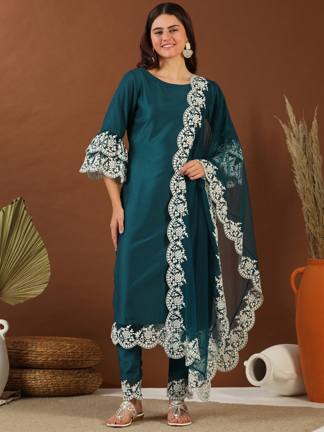 

Inddus Thread Work Round Neck Flared Sleeves Kurta with Trousers & With Dupatta, Teal