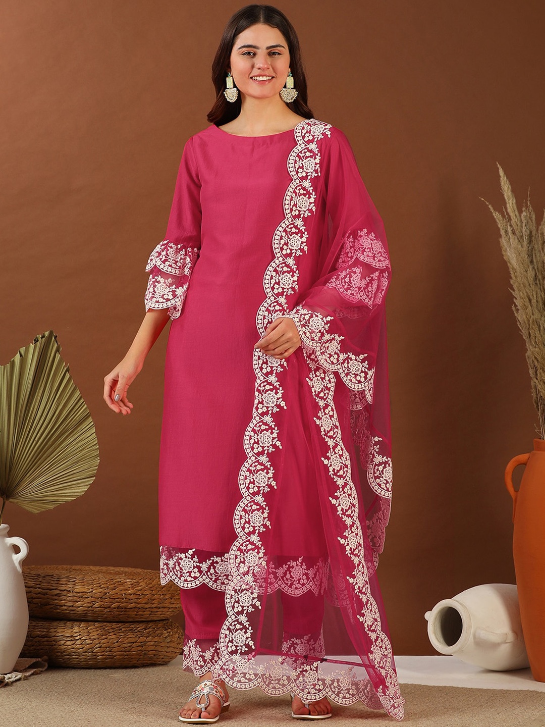 

Inddus Thread Work Round Neck Straight Kurta with Trousers & With Dupatta, Magenta