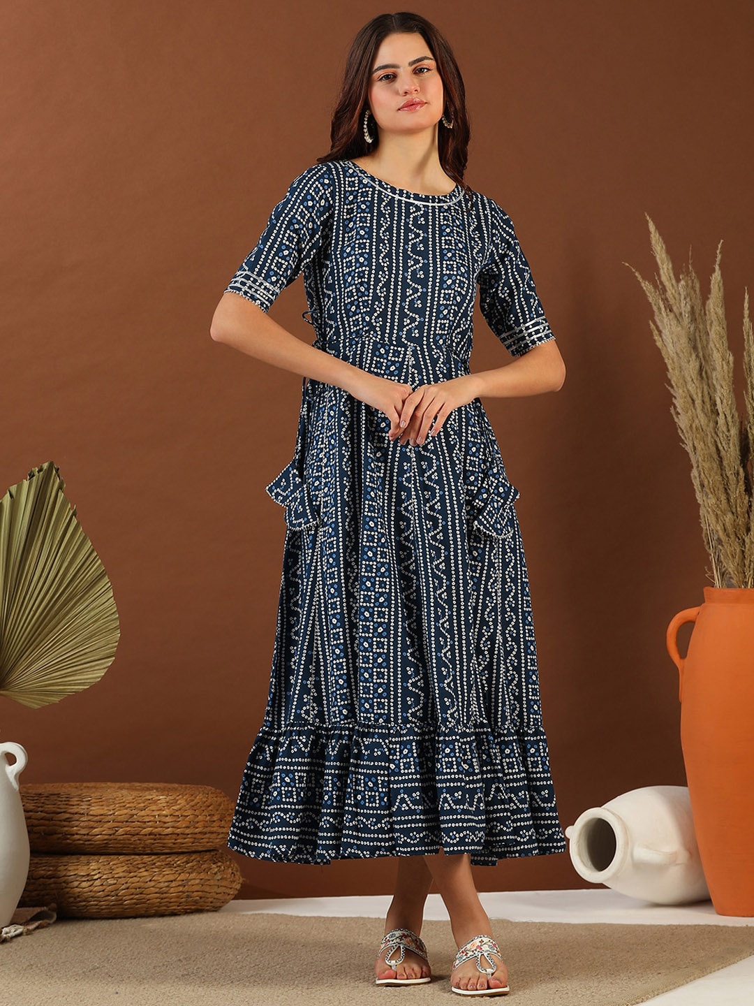 

Inddus Bandhini Printed Cotton Tie Up Lace Fit & Flare Midi Ethnic Dress, Navy blue