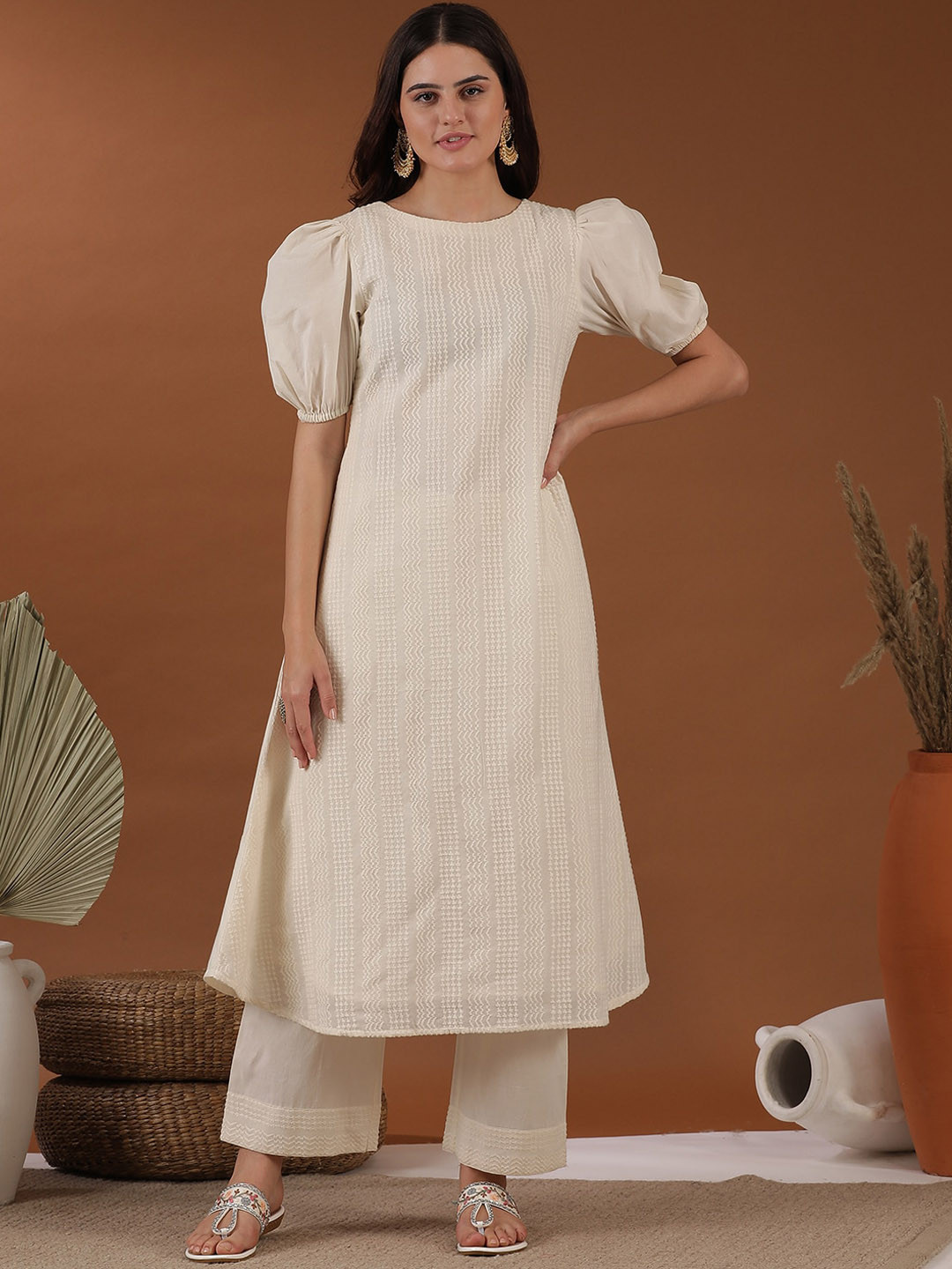 

Inddus Ethnic Motifs Embroidered Puffed Sleeves Thread Work A-Line Kurta with Palazzos, Off white