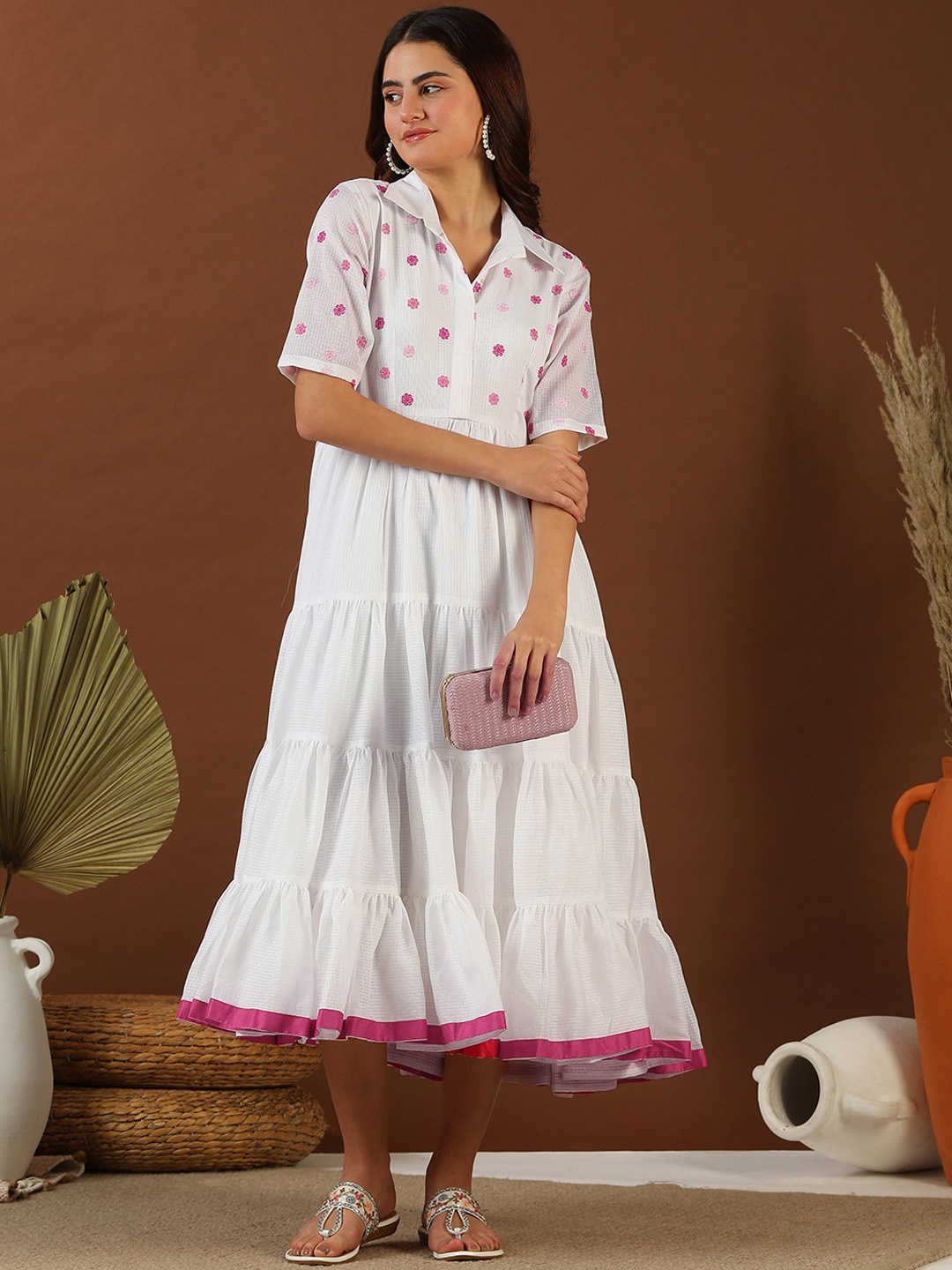 

Inddus Floral Embroidered Tiered Fit & Flared Midi Ethnic Dress, White