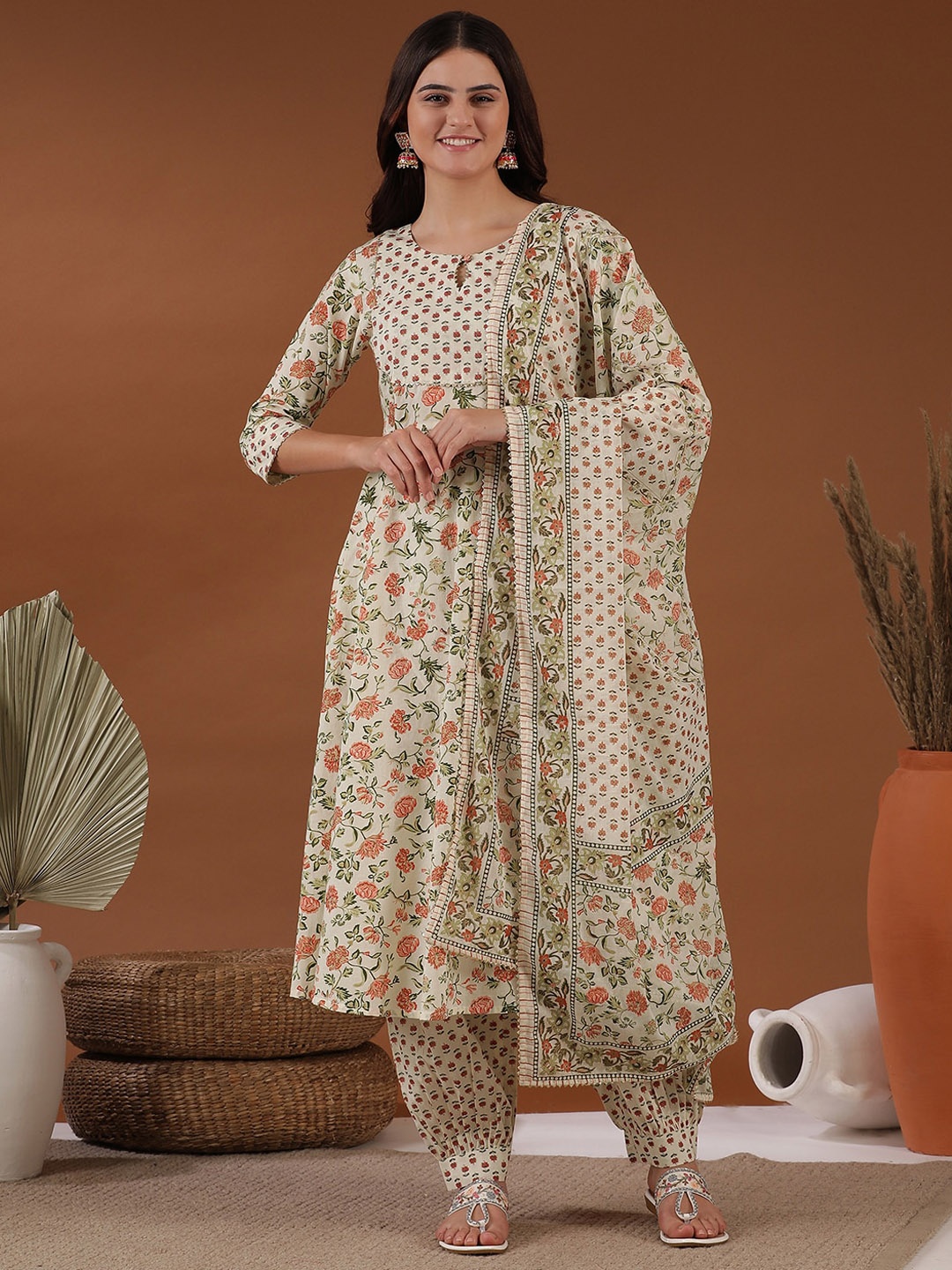 

Inddus Floral Printed Notched Neck Empire Gotta Patti A-Line Kurta Pants & Dupatta, Beige