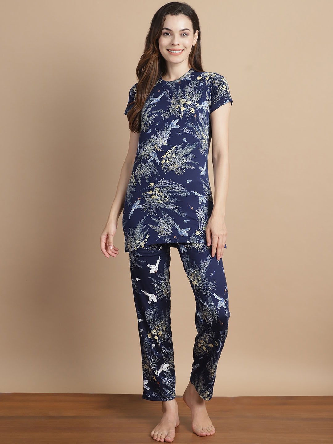 Jinfo Floral Printed Round Neck Night suit, Navy blue