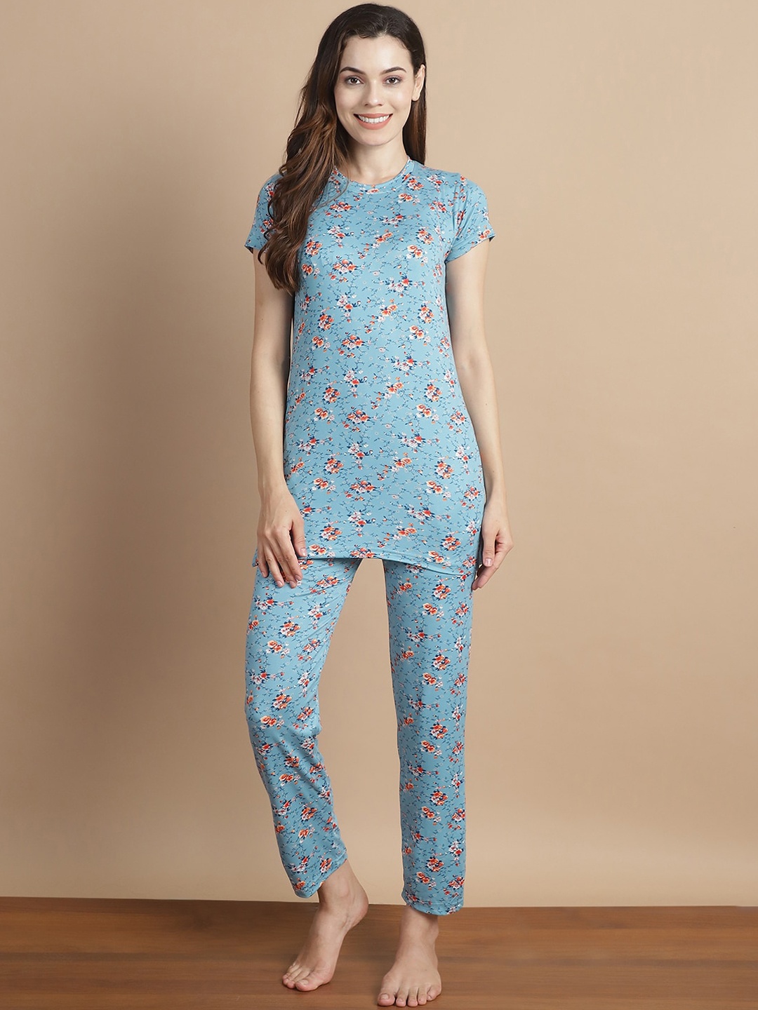 

Jinfo Floral Printed Round Neck Night suit, Blue