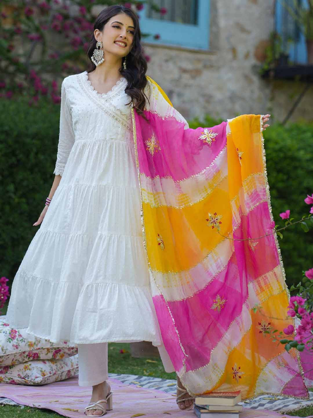 

EverBloom V-Neck Angrakha Sequinned Pure Cotton Anarkali Kurta with Trousers & Dupatta, White