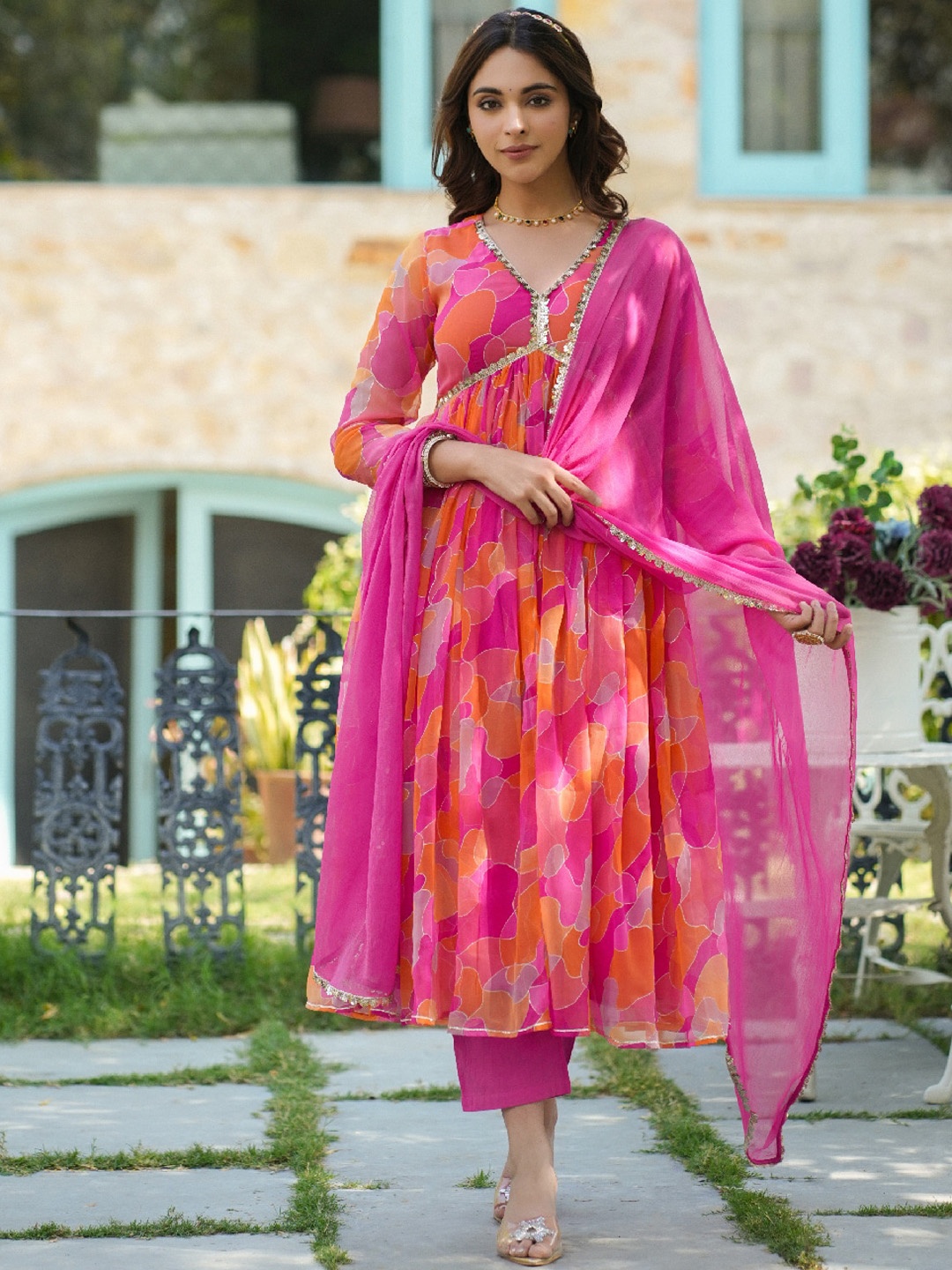 

EverBloom Printed Empire Gotta Patti Silk Chiffon Anarkali Kurta with Trousers & Dupatta, Pink