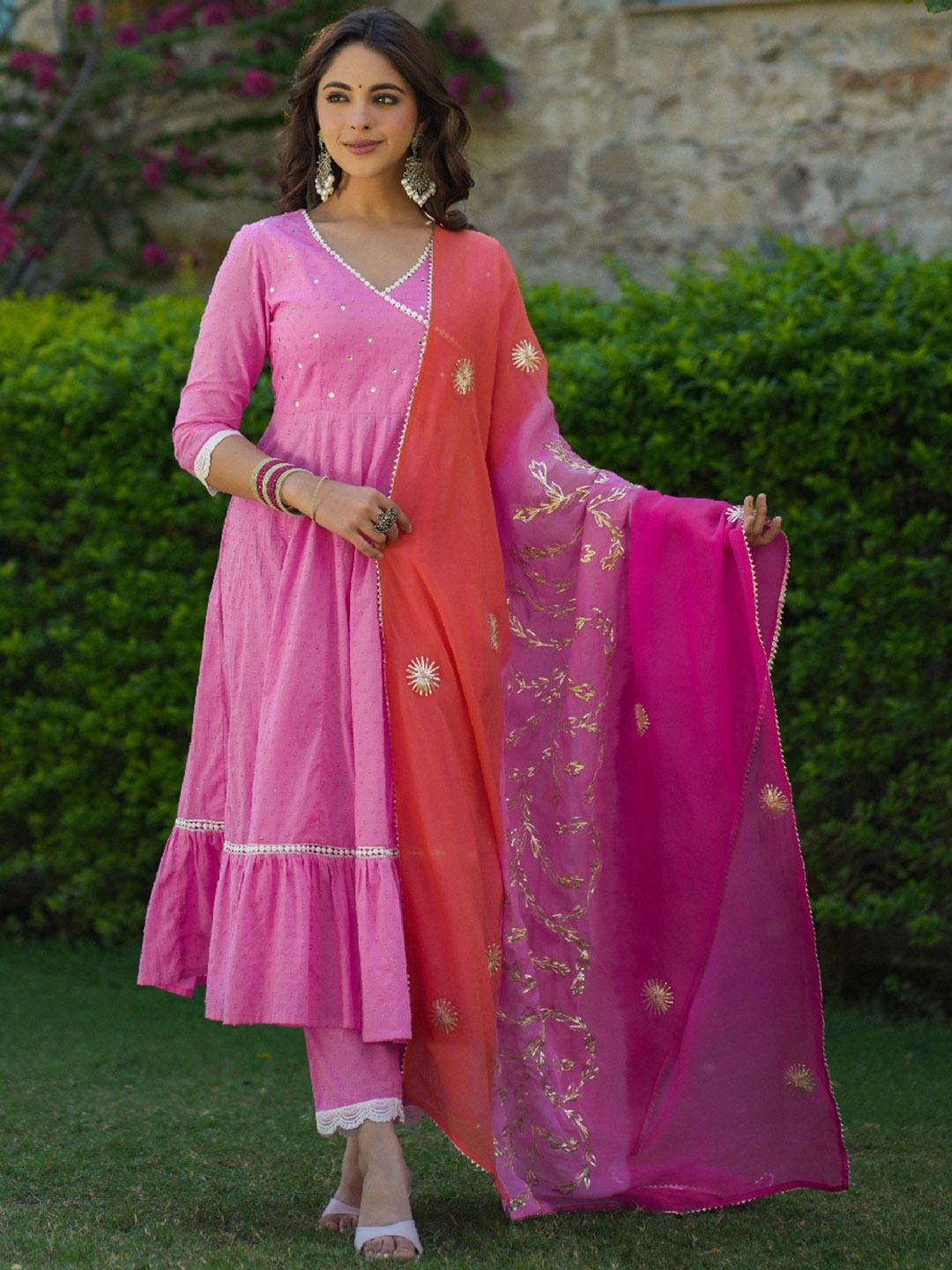 

EverBloom Angrakha Gotta Patti Pure Cotton Anarkali Kurta with Trousers & Dupatta, Pink