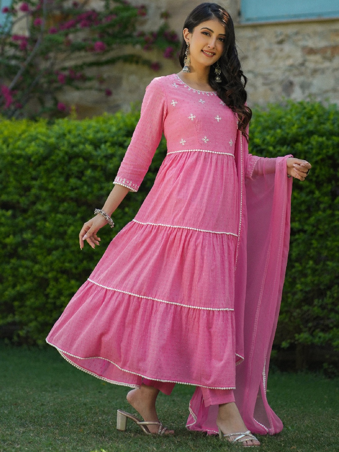 

EverBloom Ethnic Motifs Mirror Work Pure Cotton Anarkali Kurta with Trousers & Dupatta, Pink