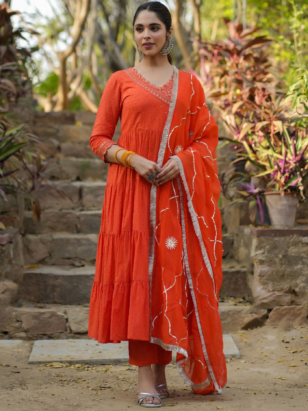 

EverBloom Angrakha Sequinned Pure Cotton Anarakali Kurta with Trousers & Dupatta, Orange