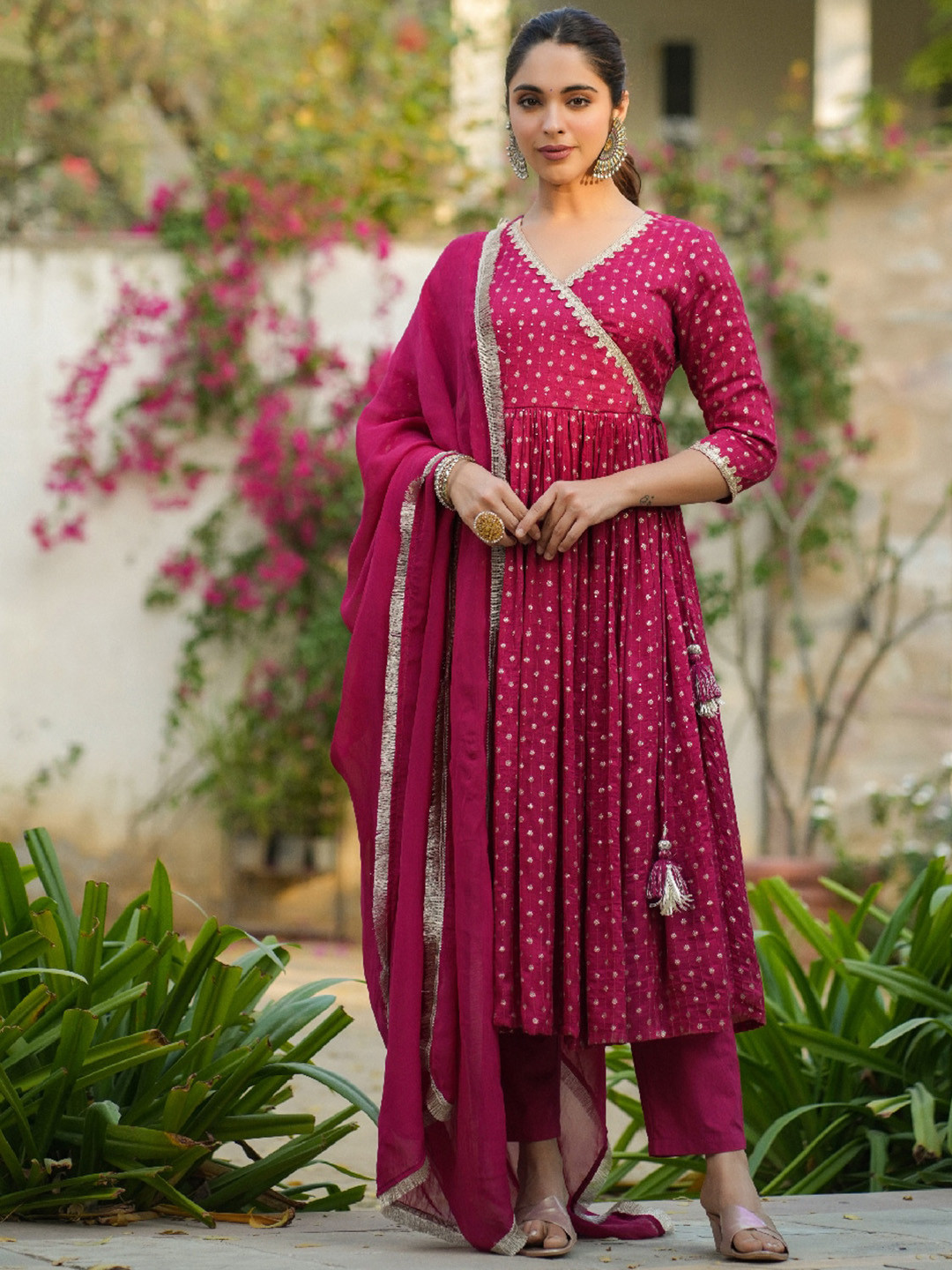 

EverBloom Floral Angrakha Mirror Work Pure Silk Anarkali Kurta with Trousers & Dupatta, Magenta