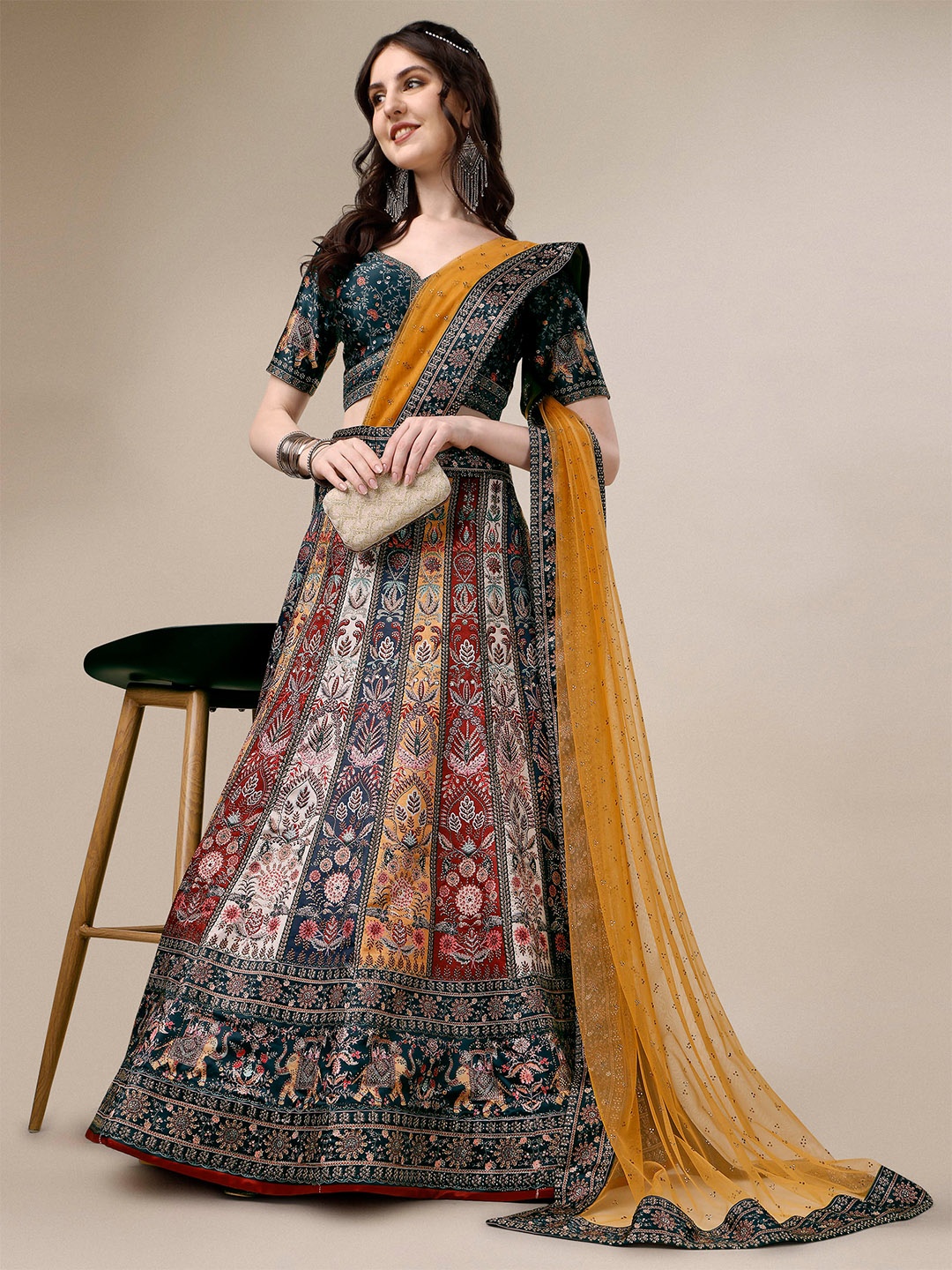 

SAPTRANGI Printed Ready to Wear Lehenga & Blouse With Dupatta, Blue