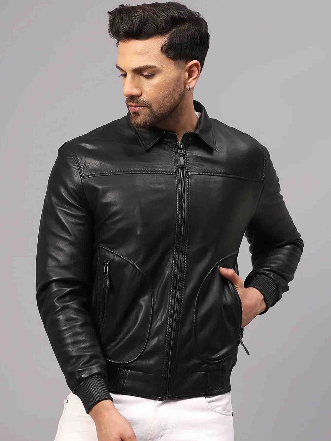 

Saint G Leather Water Resistant Biker Jacket, Black