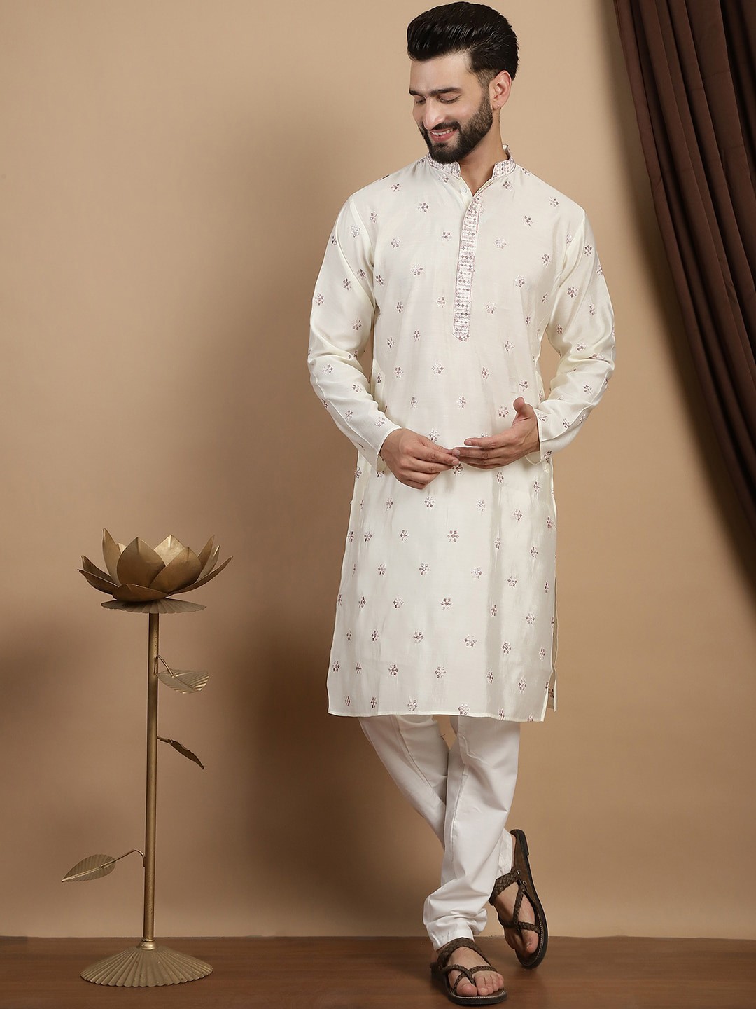 

Anouk Embroidered Sequinned Mandarin Collar Long Sleeves Straight Kurta with Churidar, Cream