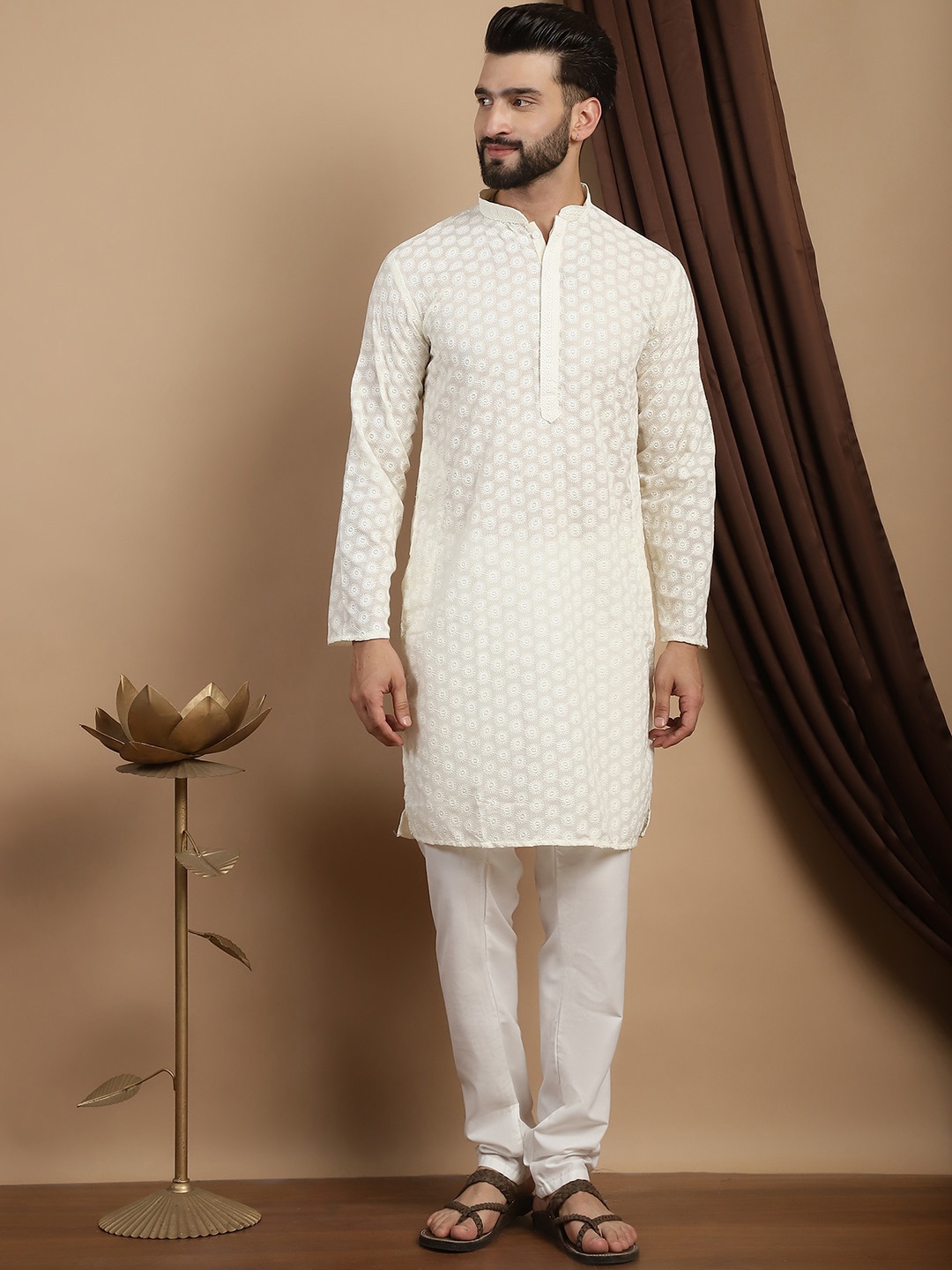 

Anouk Ethnic Motifs Embroidered Regular Pure Cotton Straight Kurta With Churidar, Cream