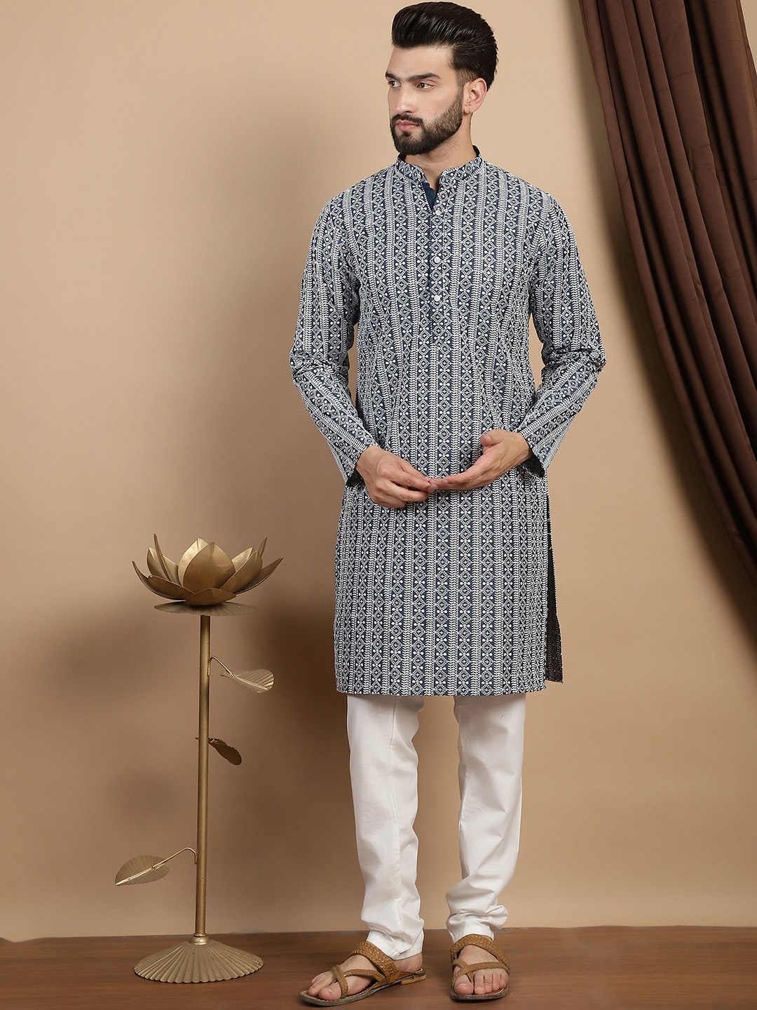 

Anouk Ethnic Motifs Embroidered Regular Pure Cotton Straight Kurta With Churidar, Navy blue