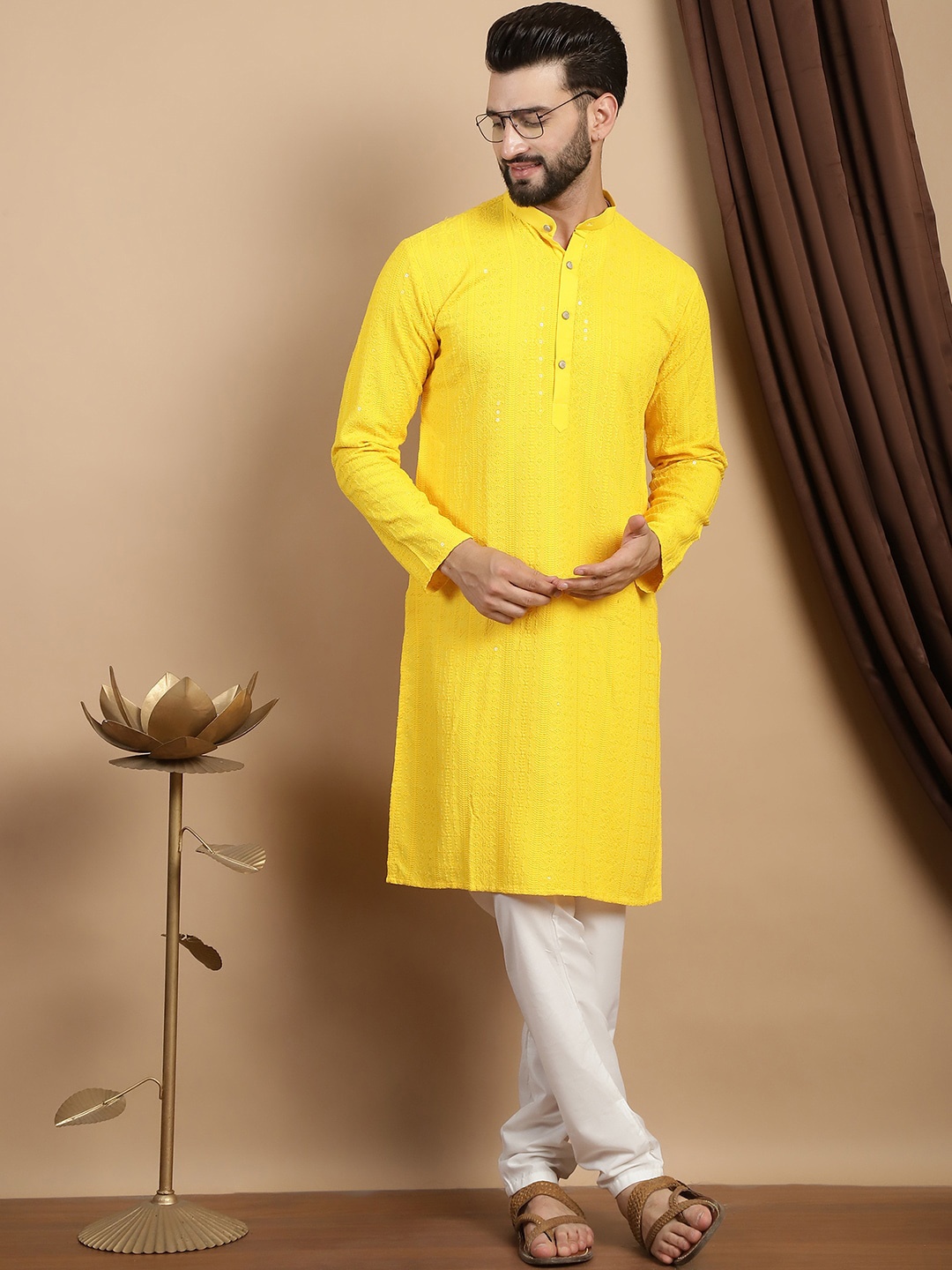 

Anouk Ethnic Motifs Embroidered Sequinned Pure Cotton Straight Kurta With Churidar, Mustard