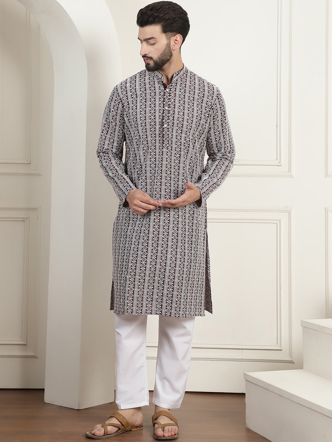 

Anouk Embroidered Pure Cotton Mandarin Collar Long Sleeves Straight Kurta With Churidar, Maroon