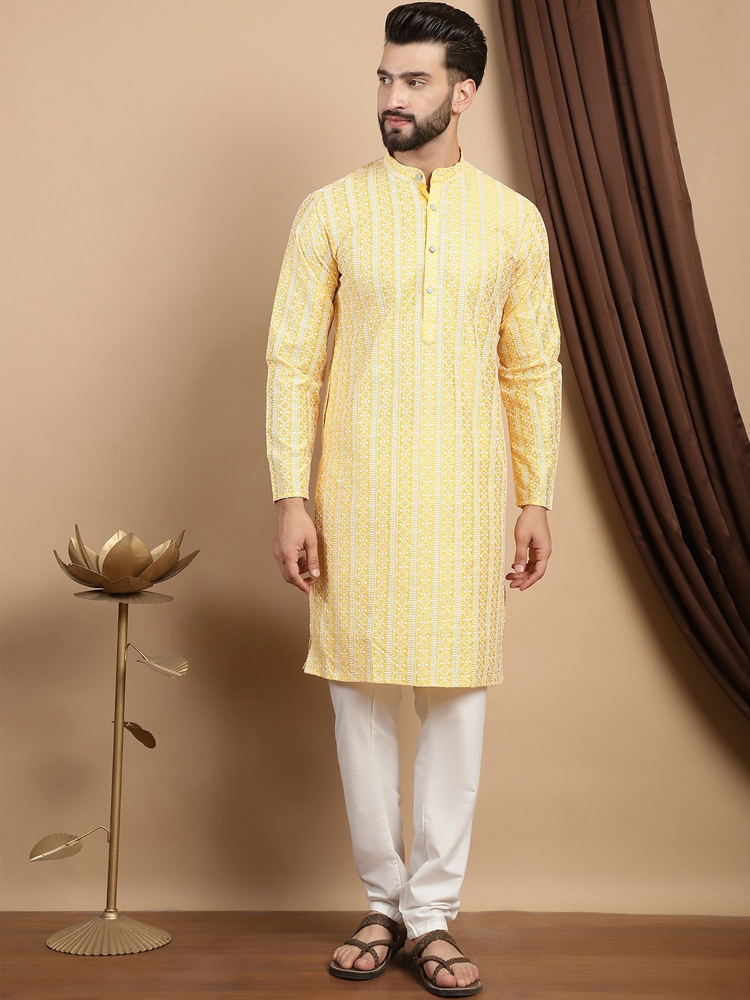

Anouk Floral Embroidered Regular Thread Work Pure Cotton Straight Kurta With Churidar, Yellow