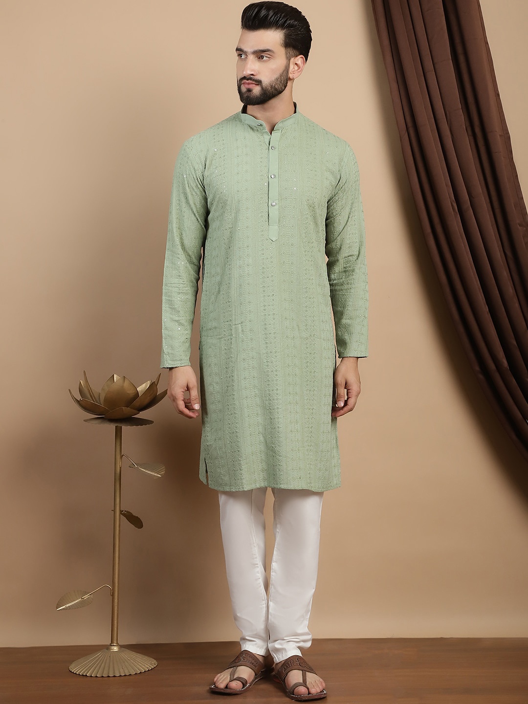 

Anouk Ethnic Motifs Embroidered Sequinned Pure Cotton Straight Kurta with Churidar, Green