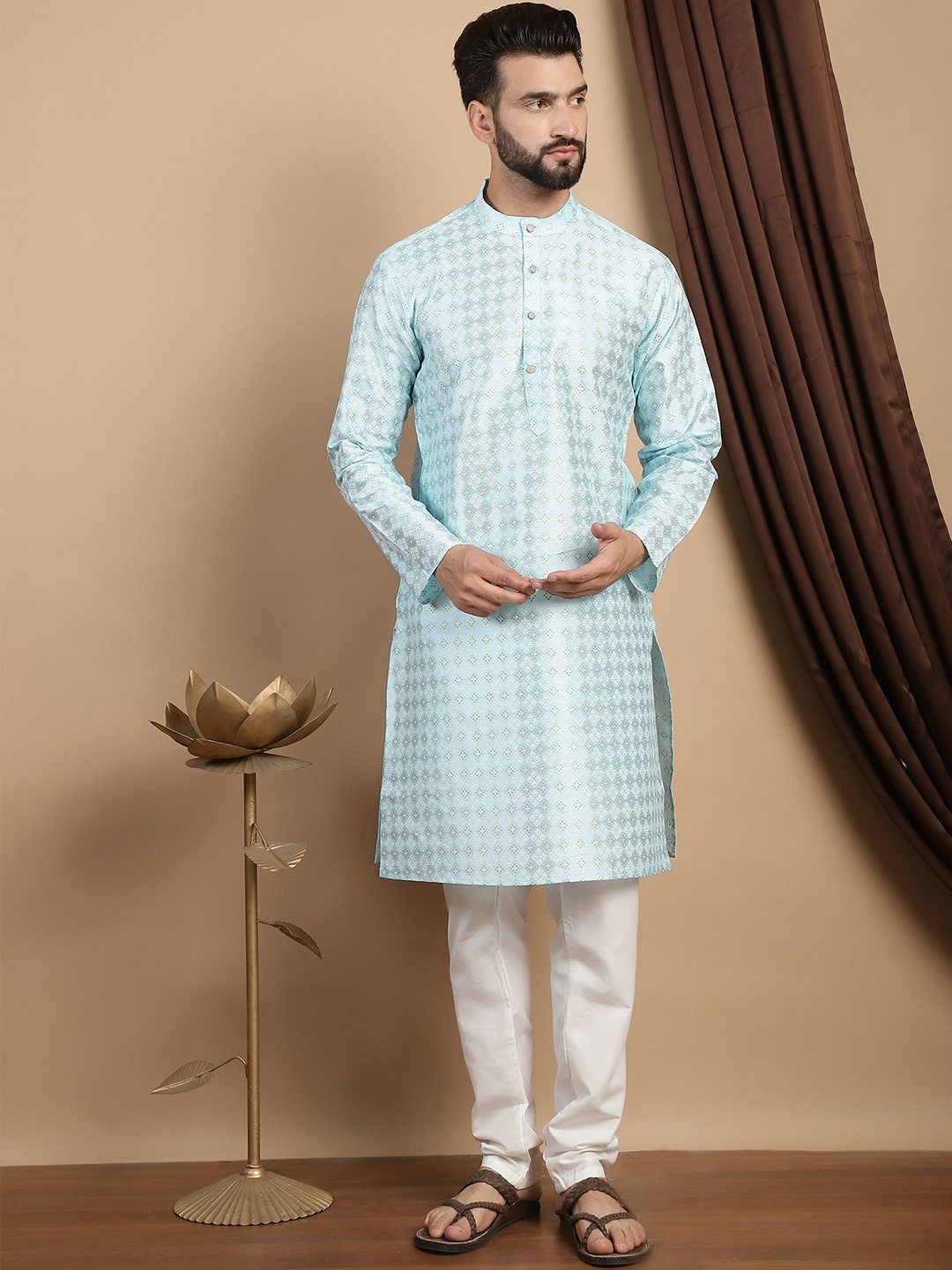 

Anouk Ethnic Motifs Printed Mandarin Collar Regular Straight Kurta with Churidar, Turquoise blue