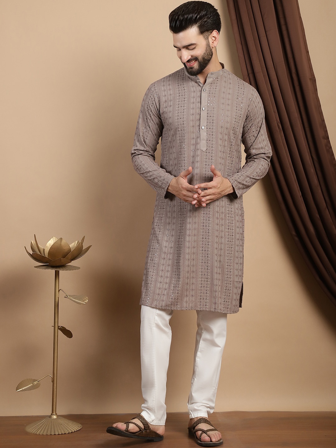 

Anouk Embroidered Sequinned Pure Cotton Mandarin Collar Straight Kurta with Churidar, Brown