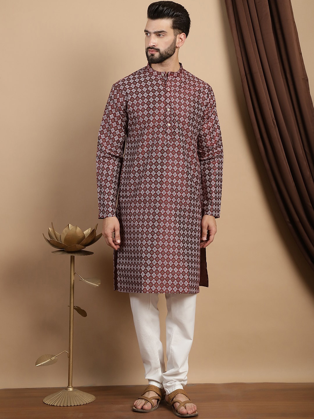

Anouk Geometric Printed Mandarin Collar Regular Straight Kurta With Churidar, Maroon