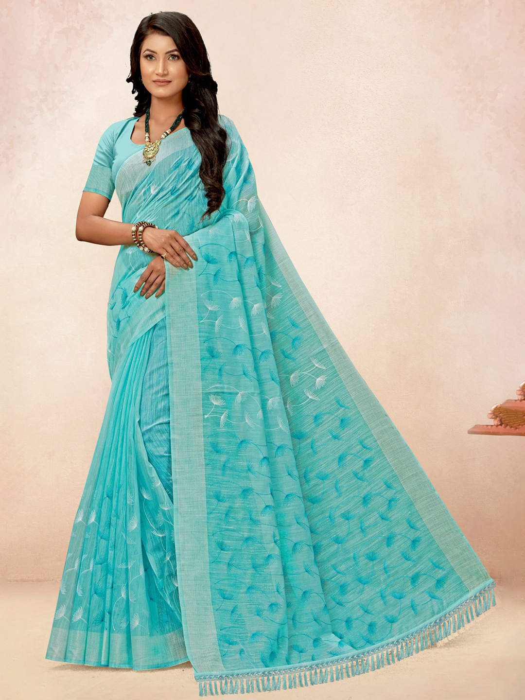 

VIRICA Floral Embroidered Saree With Tassels, Blue