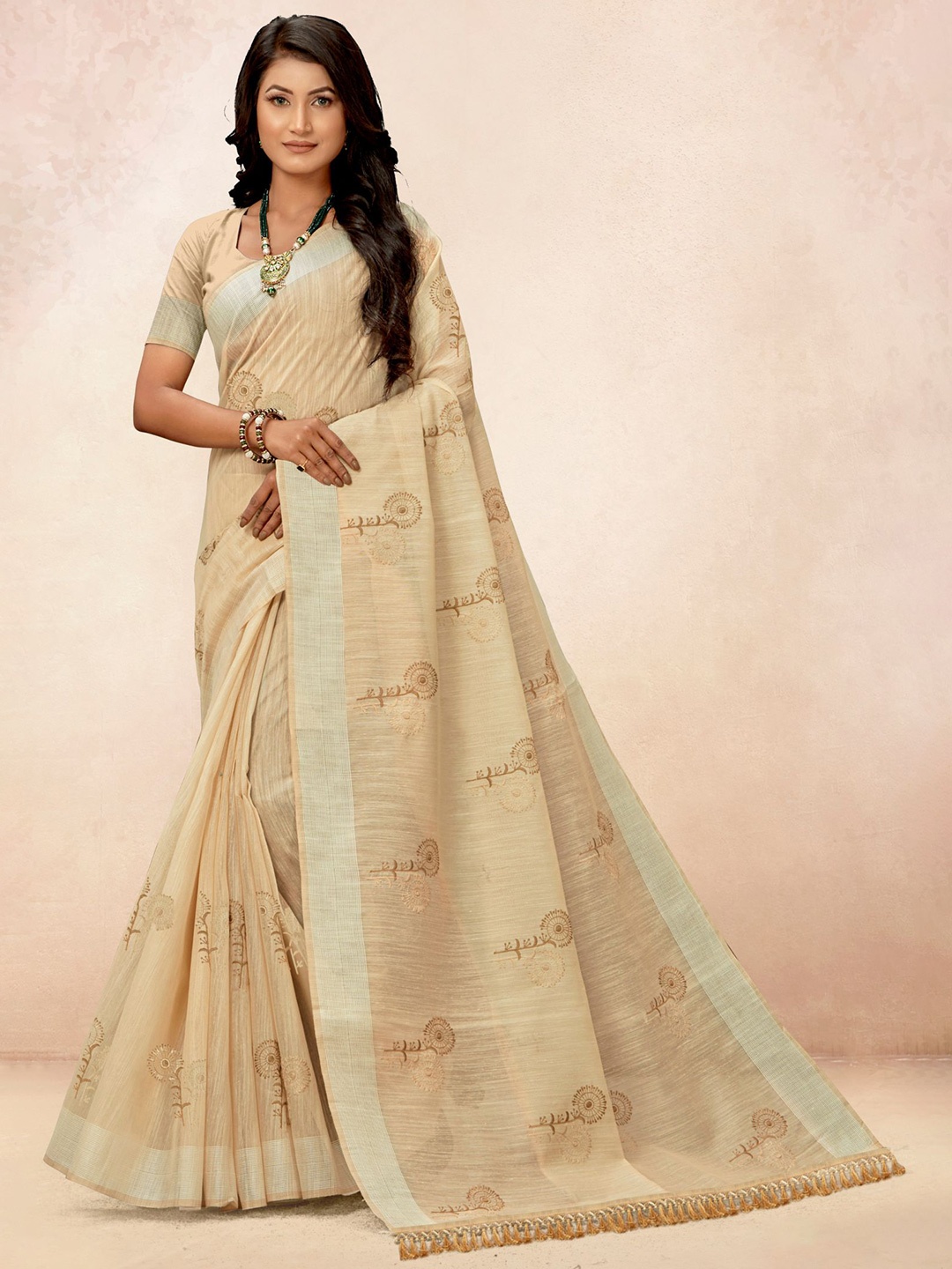 

VIRICA Ethnic Motifs Embroidered Zari Saree With Tassels, Beige