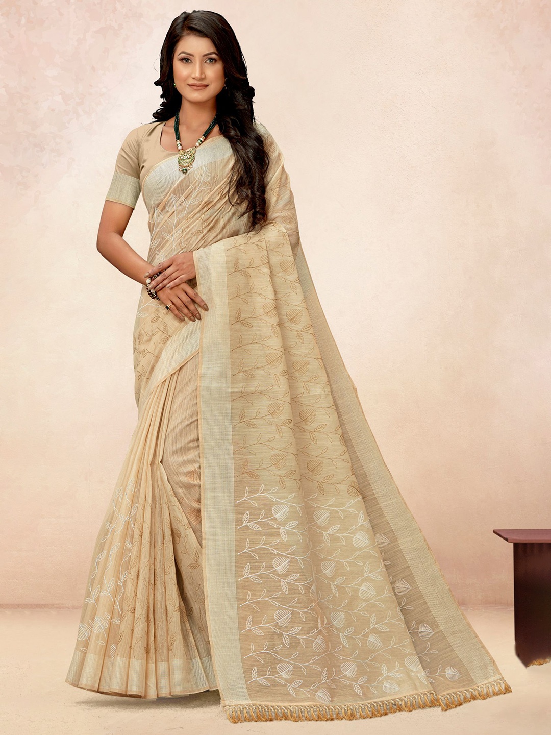 

VIRICA Floral Embroidered Zari Saree With Tassels, Sea green