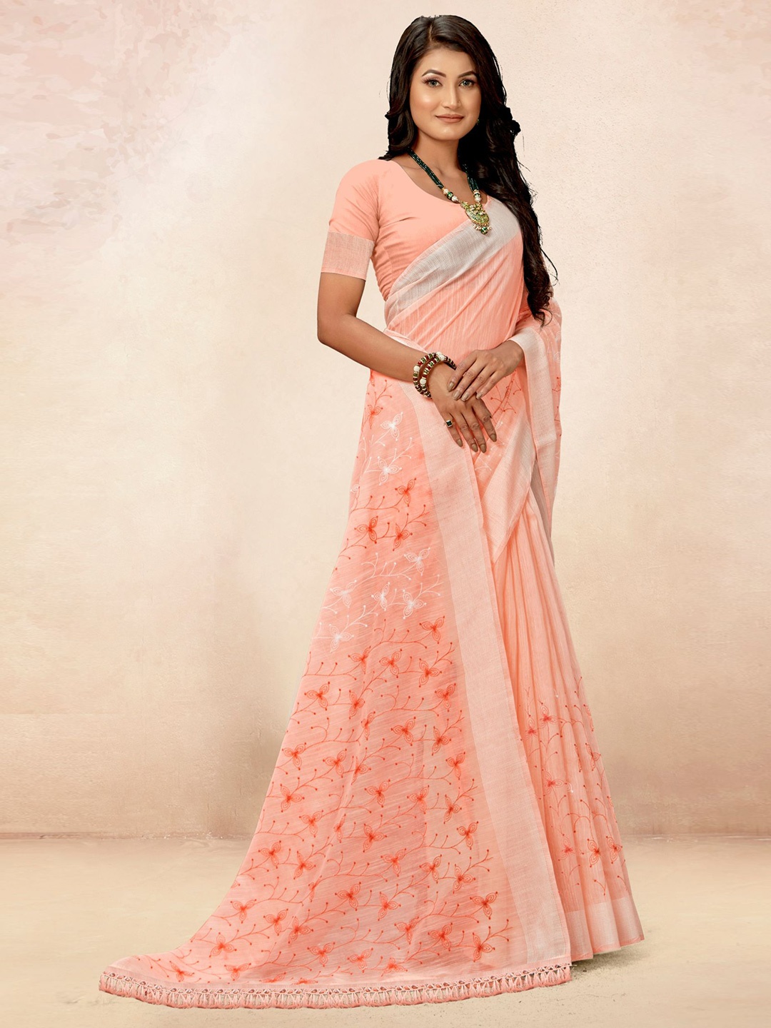 

VIRICA Floral Embroidered Zari Saree With Tassels, Beige