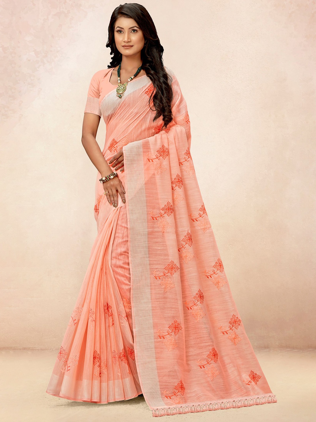 

VIRICA Floral Embroidered Saree With Tassels, Peach