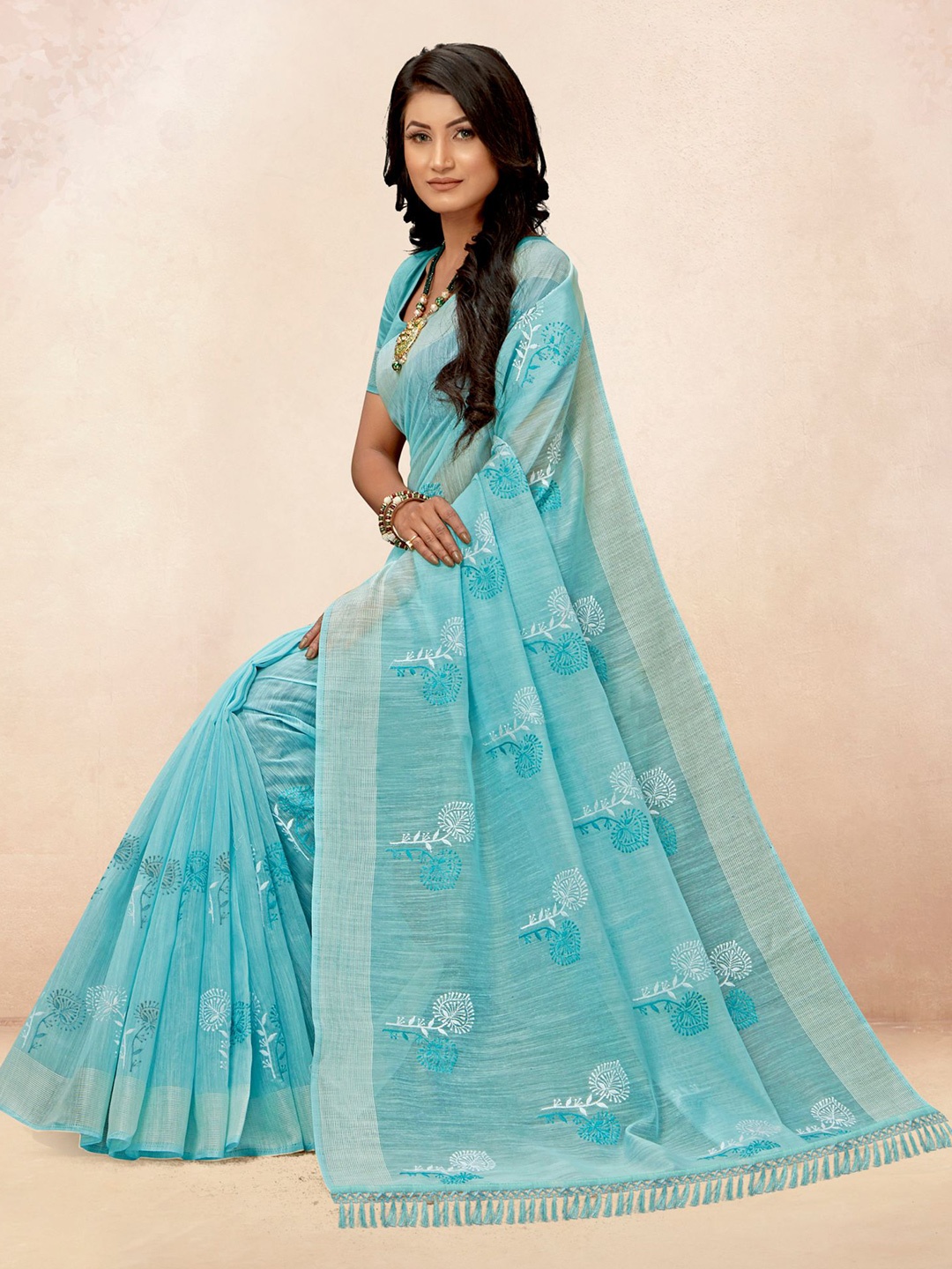 

VIRICA Floral Embroidered Saree With Tassels, Blue