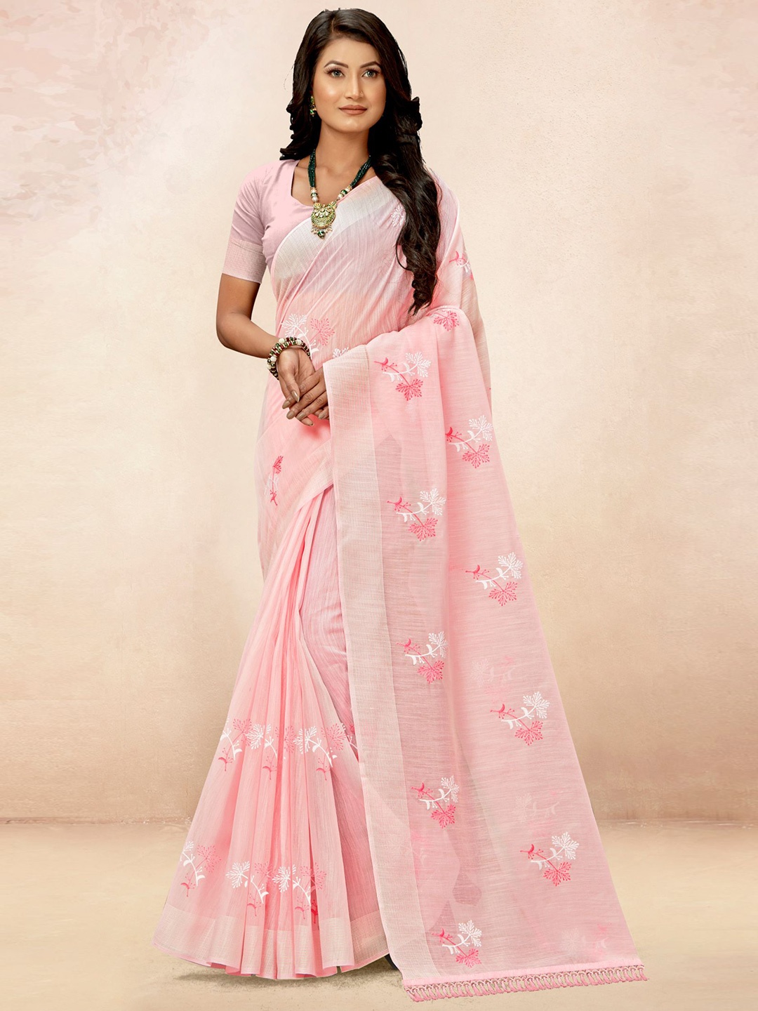 

VIRICA Floral Embroidered Saree With Tassels, Pink