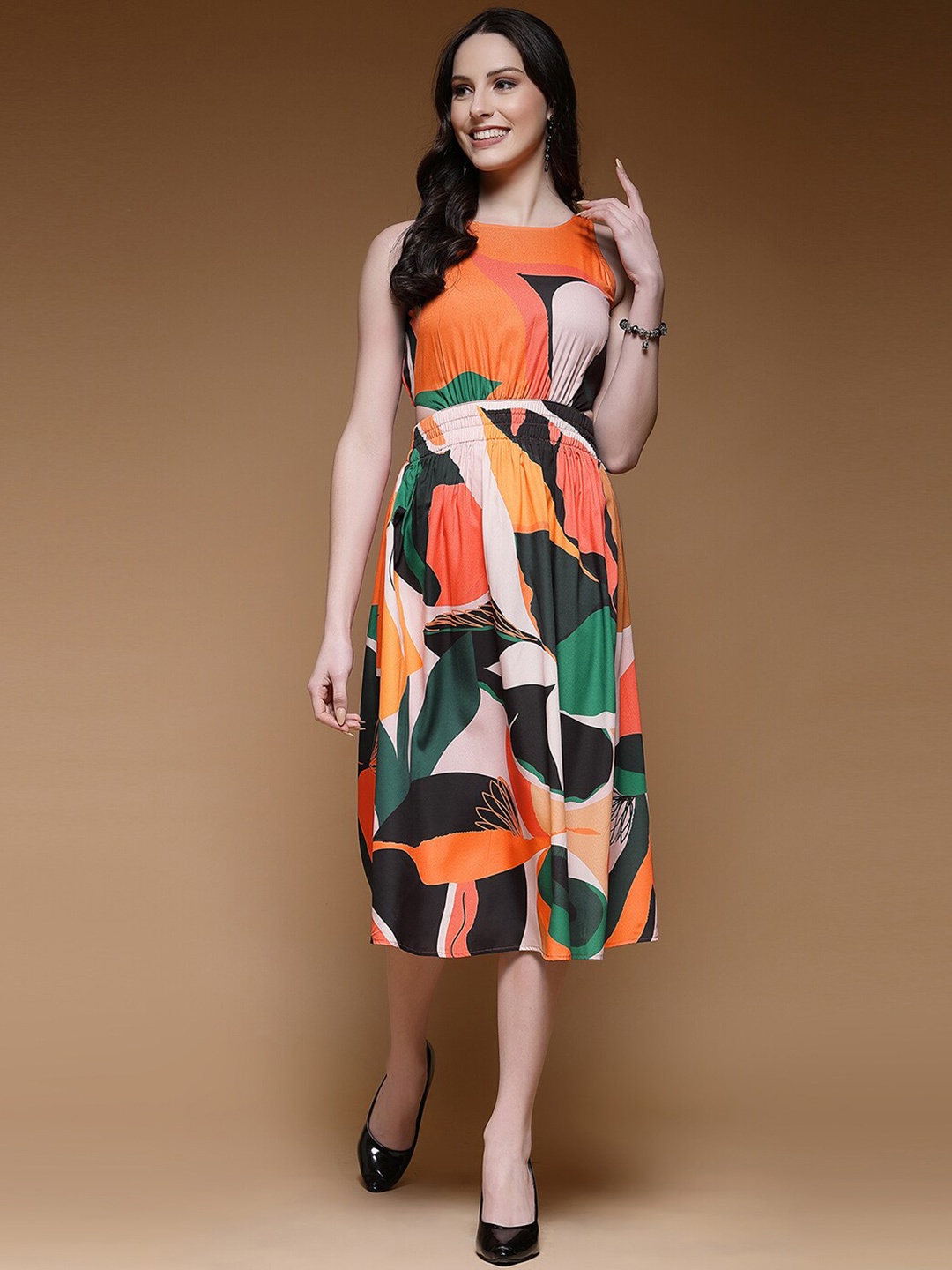 

Selvia Round Neck Abstract Print Crepe A-Line Midi Dress, Orange