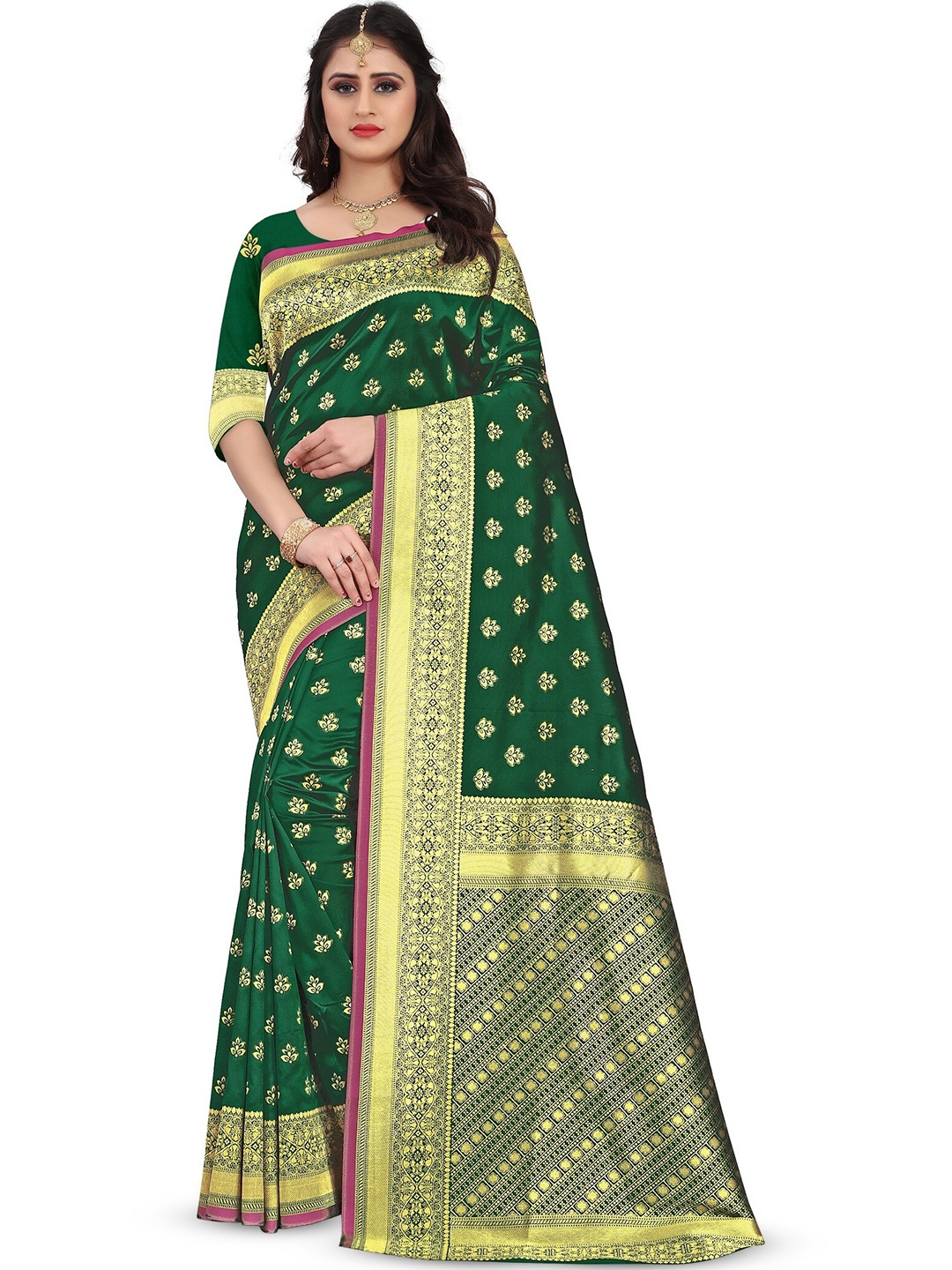 

THE WOMEN DECOR Ethnic Motifs Woven Design Zari Banarasi Saree, Green