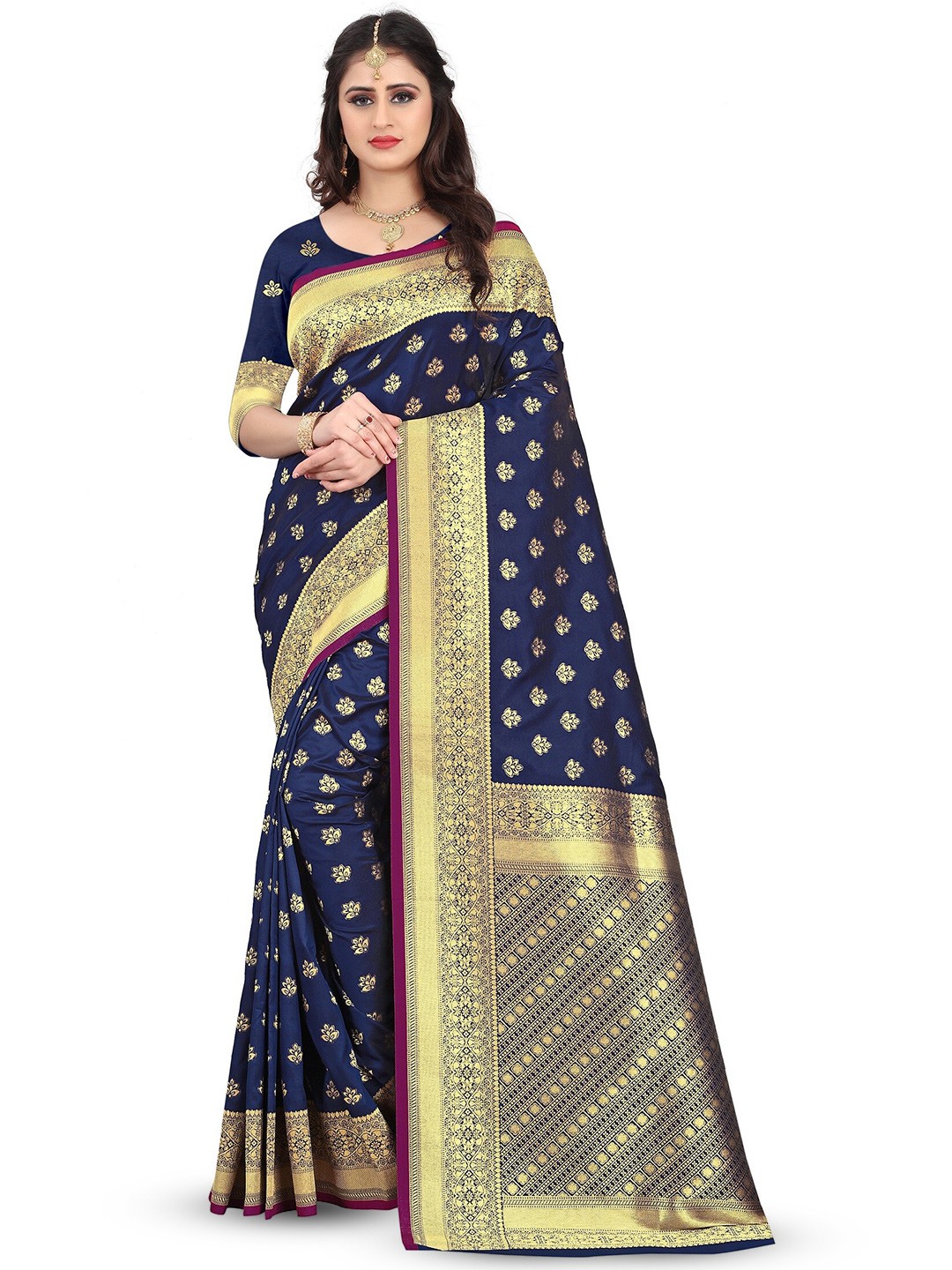 

THE WOMEN DECOR Ethnic Motifs Woven Design Zari Banarasi Saree, Navy blue